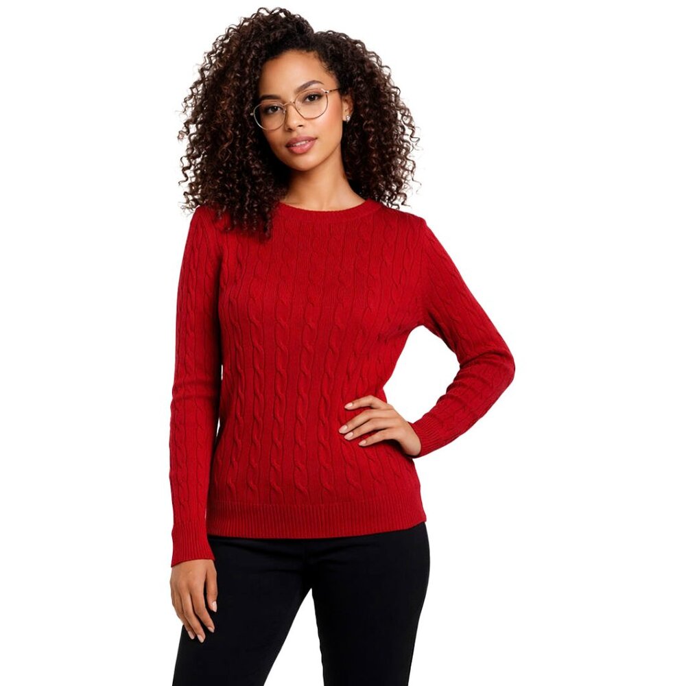 Lands’ End Red Cable Knit Sweater M • Classic Preppy Crewneck Autumn Staple
